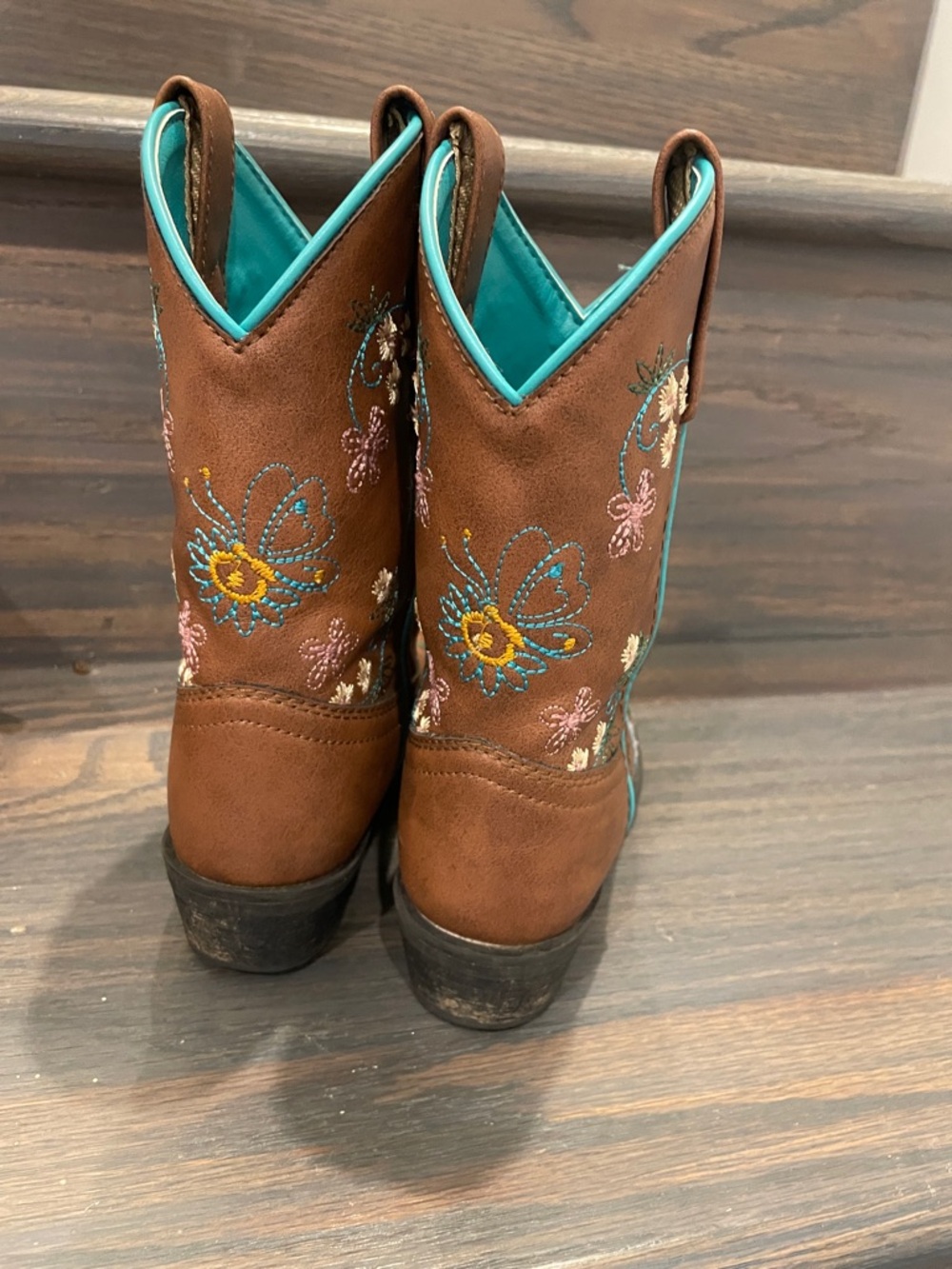 Girl’s Brown Embroidered Western Boots with Turquoise Lining - Picture 5 of 5